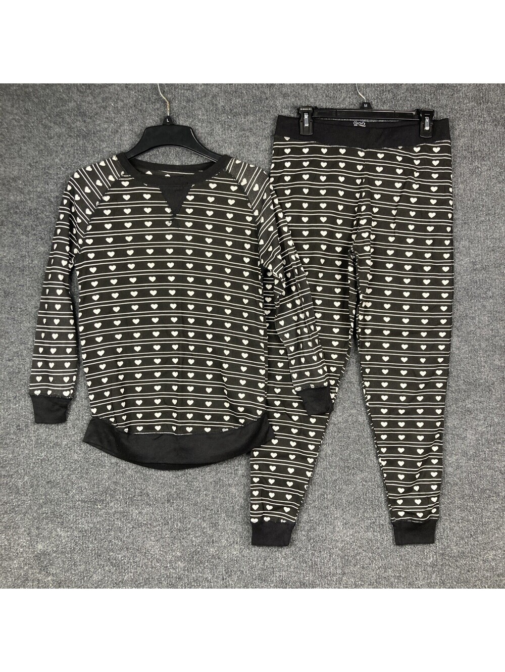 Carols Cozy Thermals Womens Large Black w/ White Hearts PJ Top & Pants Set EUC